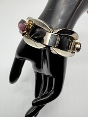 Vintage Modernist-Style Chunky Bracelet Silver-Tone Oval Prong-Set Purple Stones