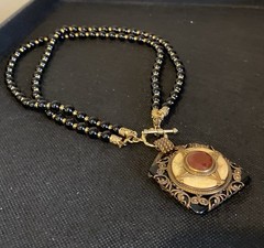 Vtg PATRICE Brass Carnelian Onyx Double Strand Bead Pendant Necklace Earring Set