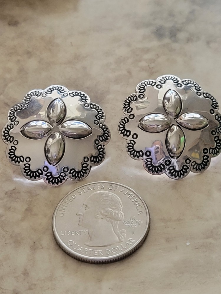 NWOT NAVAJO STERLING STAMPWORK CONCHO PIERCED EARRINGS 29MM PUSH ON BACKS