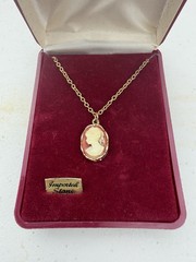 Cameo Pendant Necklace Oval Portrait Cameo Gold Tone Orange & Ivory