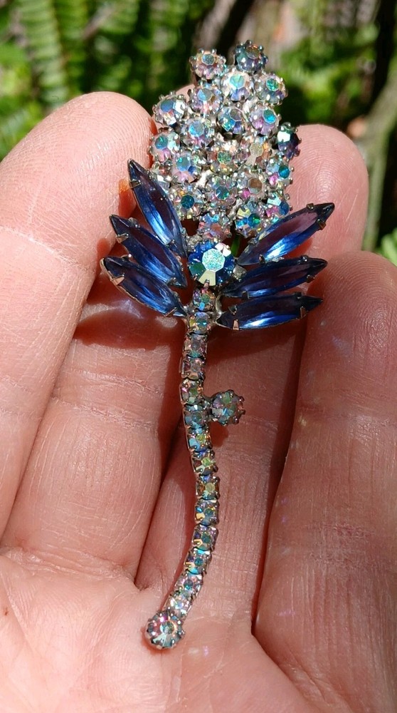 Vintage Unsigned Dragonfly Flower Pin Brooch Blue AB Rhinestone Prong Set 3.25″