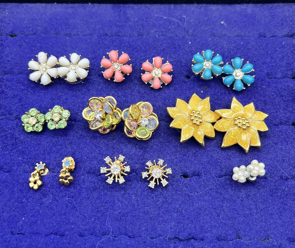 Lot of 9 Floral Pierced Earrings Mix of Materials Enamel, Crystal Push on Back