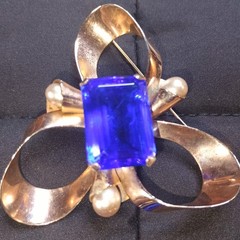 Vintage Brooch & Earrings – Silver Vermeil / Gold Wash, Cobalt Glass – Rare!