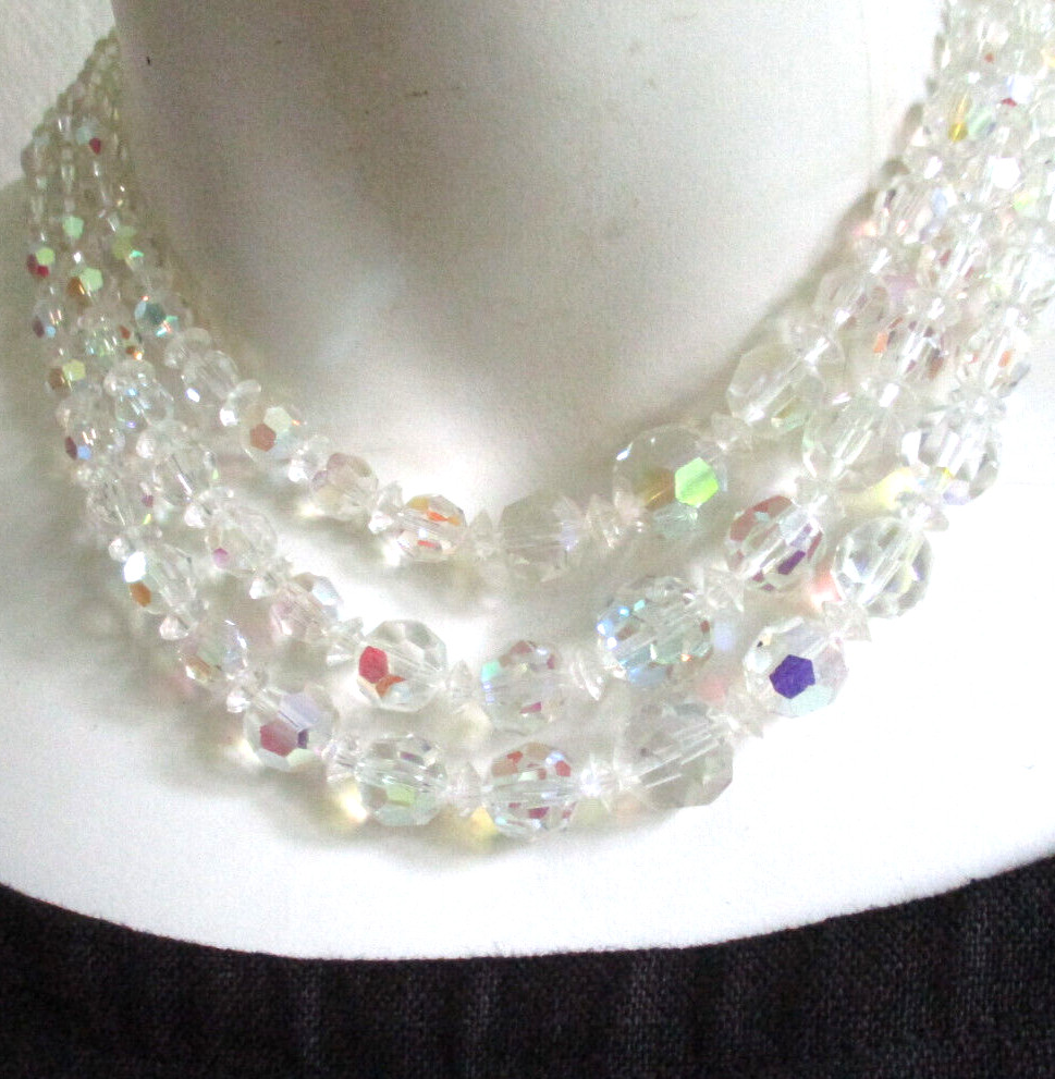 Vintage Prism Cut AB Austrian Crystal Three Strand Necklace 17″ Ornate Catch