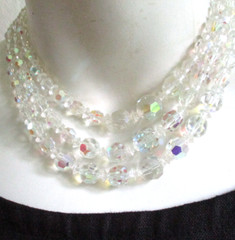 Vintage Prism Cut AB Austrian Crystal Three Strand Necklace 17″ Ornate Catch