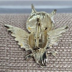 Vintage Owl Brooch Pin Gold Tone White Enamel Green Eyes Rhinestone Jewelry
