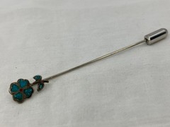 Vintage Turquoise Inlay Flower Stick Pin Silver Tone