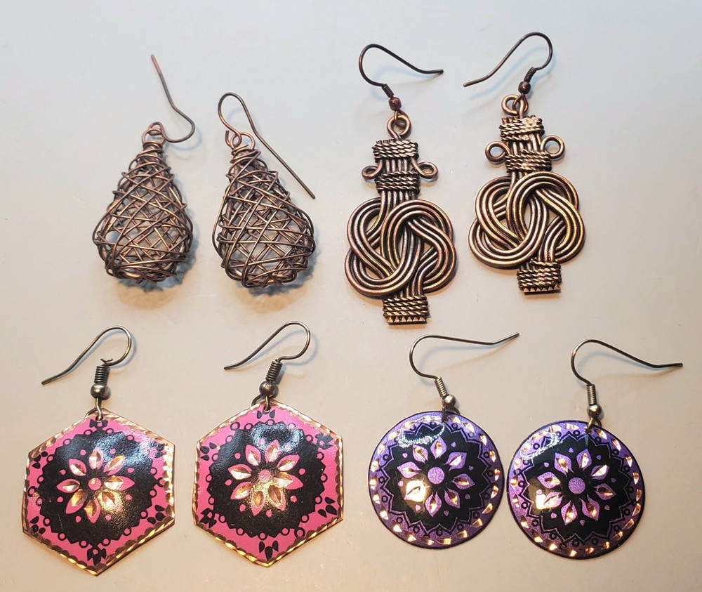 4 Pr. Vtg COPPER Artisian Earrings: Buddha Knot, Basket, Pink & Purple Enamel