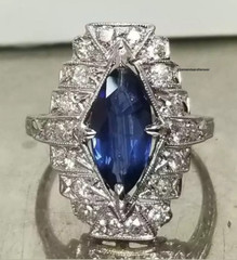 Mid-Century Marquise Shape Blue 2.00CT Sapphire & Old Cut 1.16CT CZ Vintage Ring