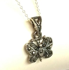 Vintage Sterling Silver Marcasite Butterfly Necklace 18″ Pendant Dainty Black