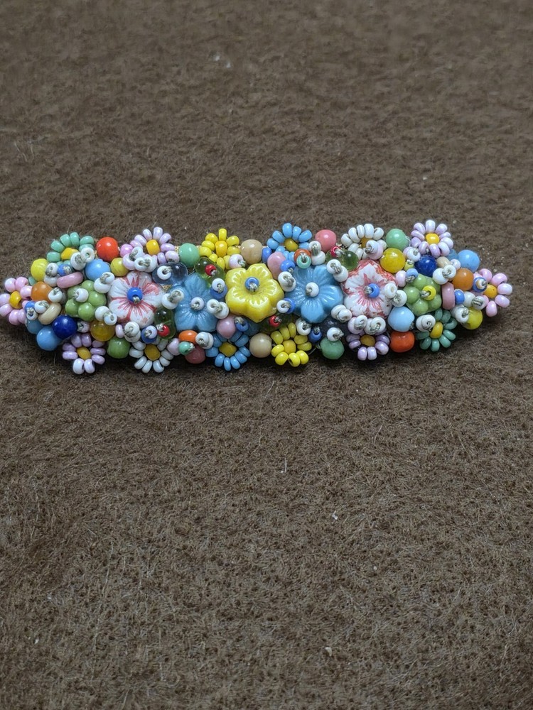 Vintage Seed Bead Flower Brooch C Clasp Fabric Back Pin Artisan MCM