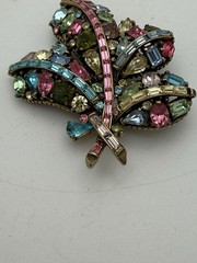 Hollycraft 3” Signed Pastel Rhinestone Leaf Brooch Vintage Pin