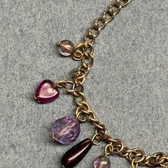 Vintage Charm Bracelet 7 In Purple Beads Heart Silver Chain Valentine Love Retro