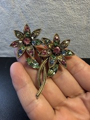 Mid Century Signed WEISS Pastel Rhinestone Double Flower Spray Brooch Pin RARE
