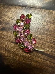 Vintage Gold Tone Domed Leaf Pin/Brooch w/ Pink and Green Prong Set Glass Stones