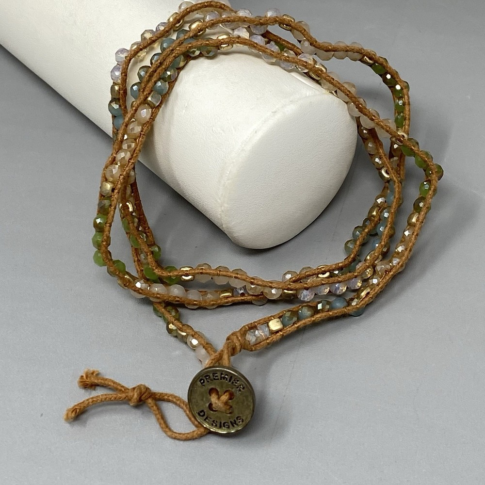 Premier Designs Wrap Brown Cord Bracelet Multicolor Glass Tension Beads Boho