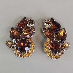 Vintage Rhinestone Clip On Earrings Climber Brown Glass Autumn Fall 1.25″
