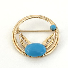 Vintage Gold Tone Blue Sleeping Beauty Glass Cabochon Filigree Round Brooch Pin