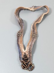 Vintage Woven Knit V Shape Statement Necklace Glass Bead Artisan Boho 16″ Collar