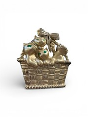 Four Green-Eyed Kitty Cat Kittens in Basket Pin Brooch Gold Tone Metal AJC