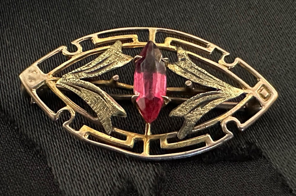 Antique Art Deco 10K Rose and Yellow Gold Glass/Paste Ruby Brooch