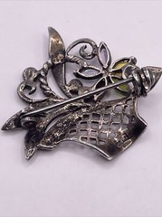 VTG Sterling Silver Marcasite Gemstone Flower Basket Brooch Pin Designer Signed