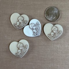 4 Vintage Heart Cameo Cabochons Mother & Child Translucent Ivory Jewelry Lot