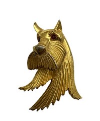 Lind Gal Scottie Dog Scottish Terrier Head Brooch Gold Tone Red Eyes Signed