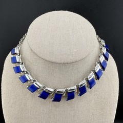 Vintage Thermoset Necklace Silver Tone Blue 14”