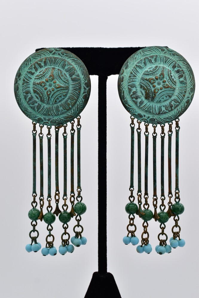 Vintage Verdigris Patina Beaded Chandelier Earrings Dangle Fringe 1970s BinAV