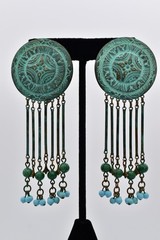 Vintage Verdigris Patina Beaded Chandelier Earrings Dangle Fringe 1970s BinAV