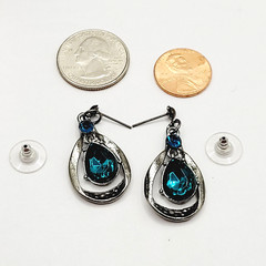 Blue Glass Water Droplet Drop Dangle Silver Tone Sparkly Fancy Pierced Earrings