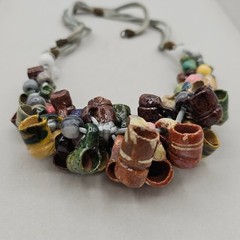 Vintage Folk Art Pottery Mug Bead Necklace Ceramic Tankard Bib Statement Boho