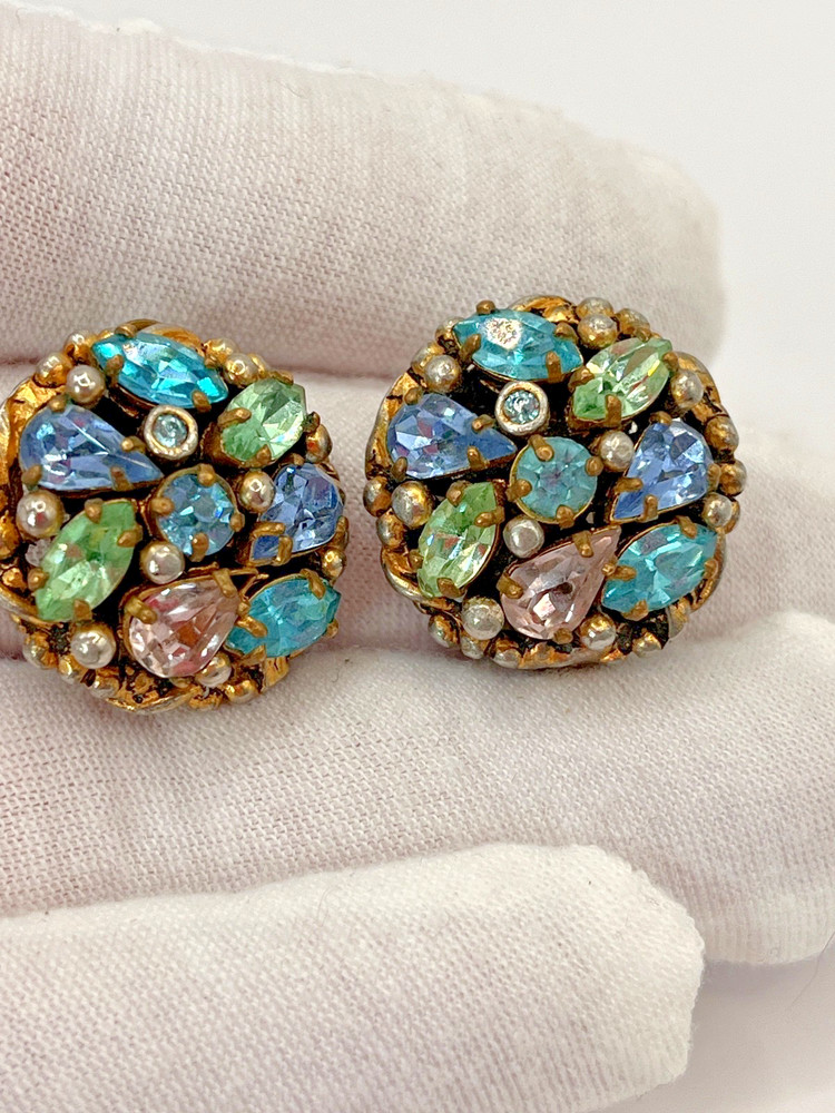 Vintage Barclay Multicolor Pastel Rhinestone Crystal Cluster Clip Earrings