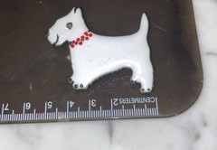 Vintage white enamel Scotty dog Red collar Westy Art Deco vintage pin.