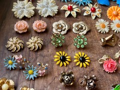 Huge Vintage Flower Earring Pairs Lot Enamel Rhinestone Coro Avon W Germany Etc.