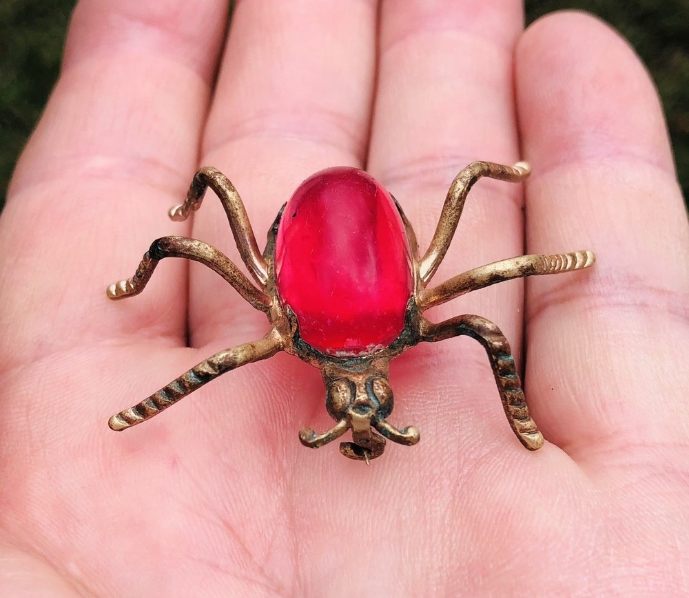 Vintage Copper BEETLE With RED Stone PENDANT