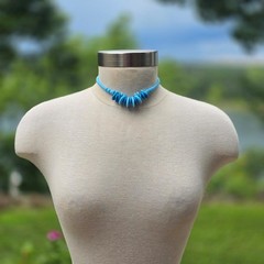 Vintage German Two Tone Blue Glass Bead Statement Necklace 15.5 in. Mid Century