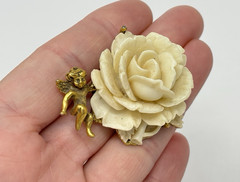 Vintage Cherub Angel Carved Rose Pin Brooch Gold Tone Cream Celluloid