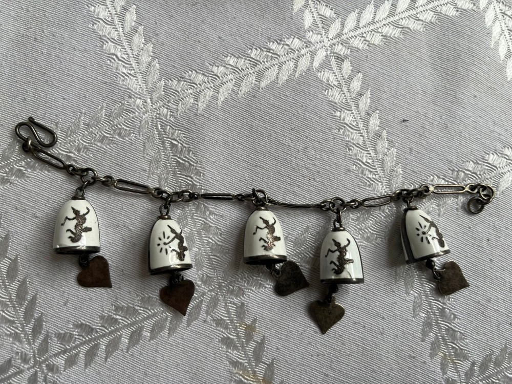 Vtge Siam Sterling Silver White Enamel Bell Charm Bracelet Jingle Bell Hearts 6″