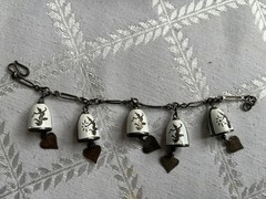 Vtge Siam Sterling Silver White Enamel Bell Charm Bracelet Jingle Bell Hearts 6″