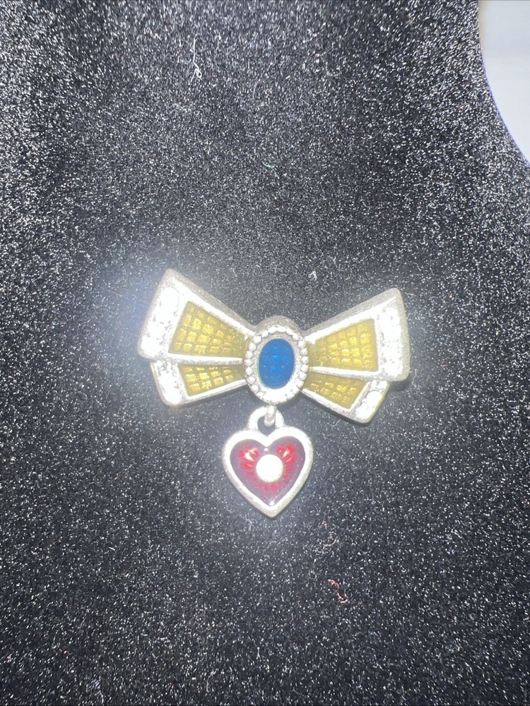 Vintage Silver Tone Multicolor Enamel Bow Heart Charm Brooch