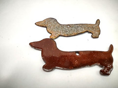 Vintage Pair Dachshund Dog Pendants Enamel on Copper Brown Colors Not Identical