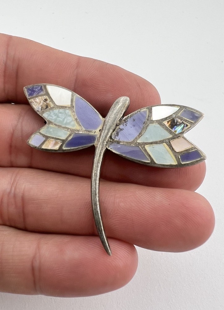 Vintage Sterling Silver Flush Gemstone Inlay Dragonfly Pin Brooch Pendant 2″
