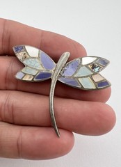 Vintage Sterling Silver Flush Gemstone Inlay Dragonfly Pin Brooch Pendant 2″