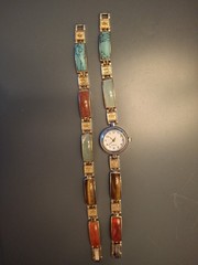 Vtg Multi Stone Inlay Panel Watch (works) Bracelet Set Chinese Symbol Good Luck