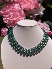 Vintage 3 Strand Peacock Green/Blue Aurora Borealis Crystal Necklace Not Signed