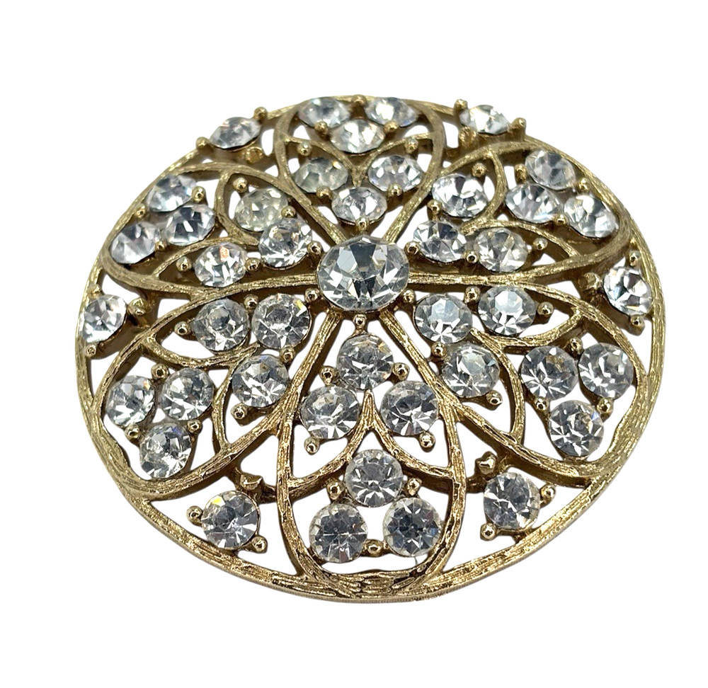 Vintage Lisner Rhinestone Domed Cut Out Round Gold Tone Brooch