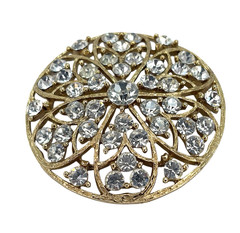 Vintage Lisner Rhinestone Domed Cut Out Round Gold Tone Brooch