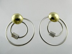 Sterling Silver and Brass Dual Circle Modernist Stud Earrings 12g 1.5 Inches